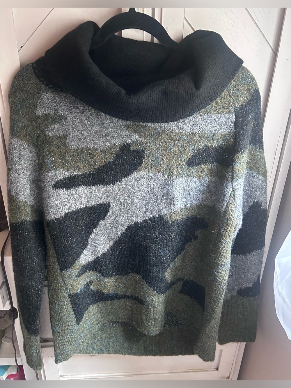 Aqua Cowl Neck Camouflage Sweater in Olive, Gray & Black